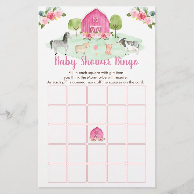 Pink Farm Floral Baby Shower Bingo Game (Front)