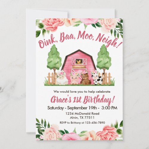 Pink Farm Floral Barnyard 1st Birthday Invitation