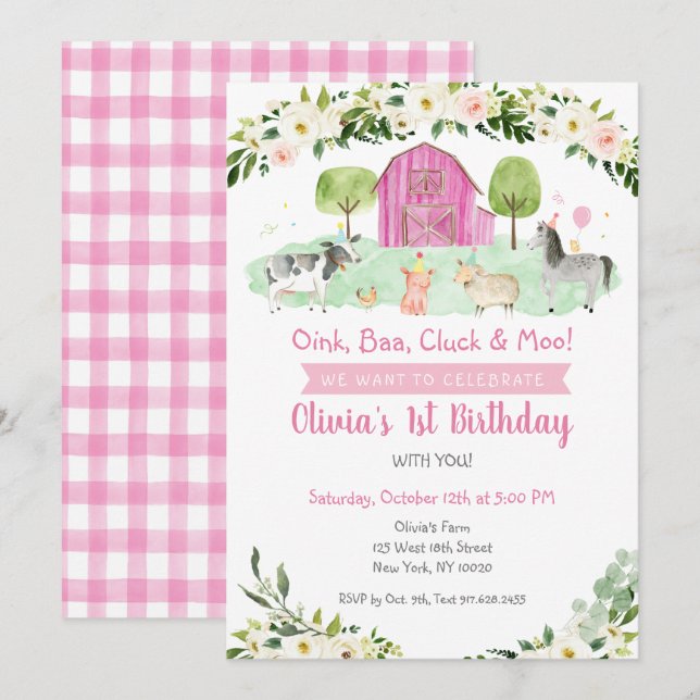 Pink Farm Floral Birthday Invitation (Front/Back)