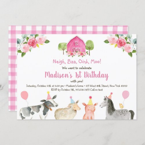 Pink Farm Girl Barnyard Birthday Invitation