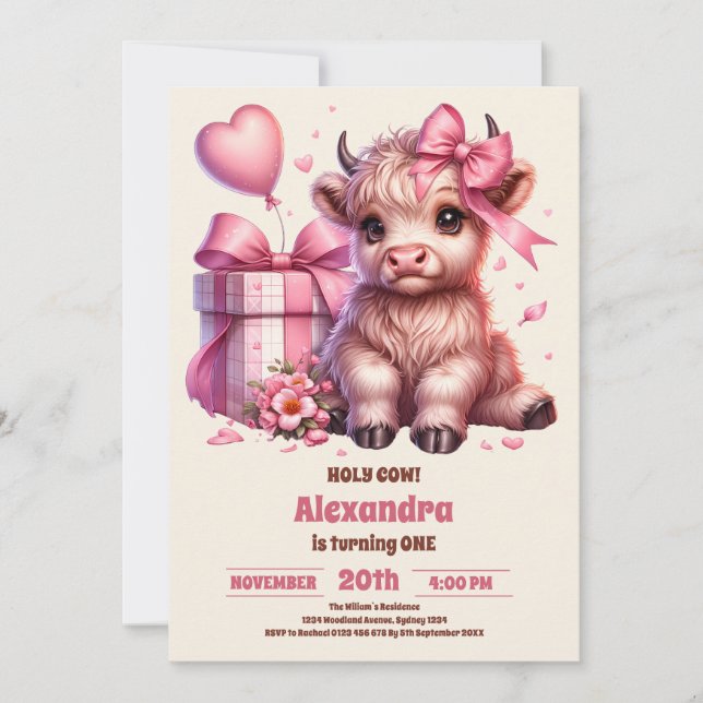 Pink Farm Holy Cow Highland 1st Birthday Invitation (Front)