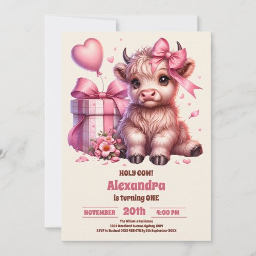 Pink Farm Holy Cow Highland 1st Birthday Invitation