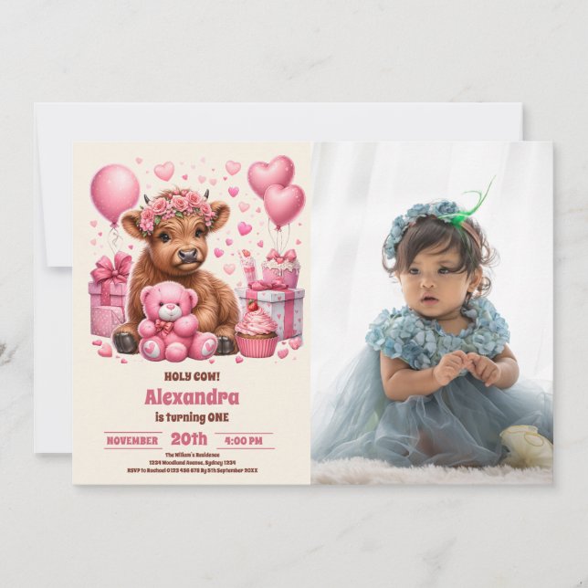 Pink Farm Holy Cow Highland 1st Birthday Photo Invitation (Front)
