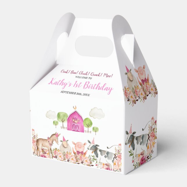 Pink Farm House Animals Barnyard 1st Birthday Favor Boxes (Front Side)
