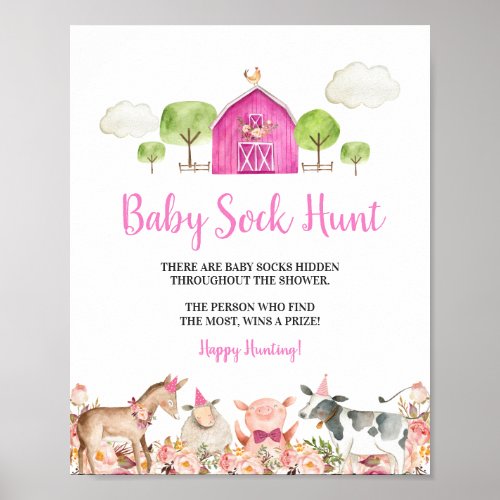 Pink Farm House Animals Barnyard Baby Sock Hunt Poster