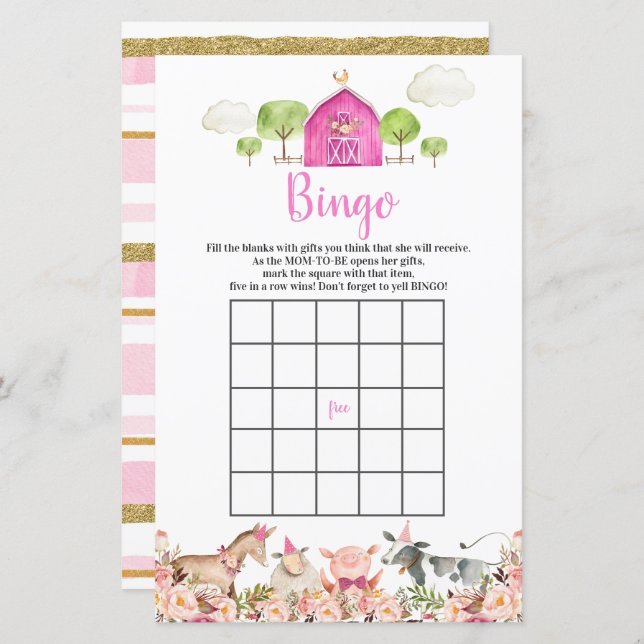 Pink Farm House Animals Barnyard Bingo Games (Front/Back)