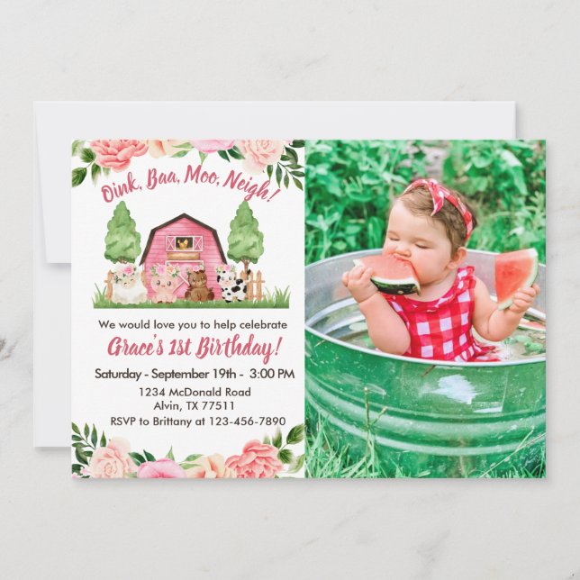 Pink Farm Photo 1st Birthday Invitation (Front)
