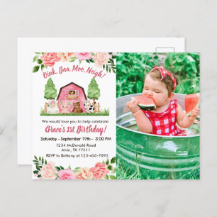 Pink Farm Photo 1st Birthday Invitation Postcard