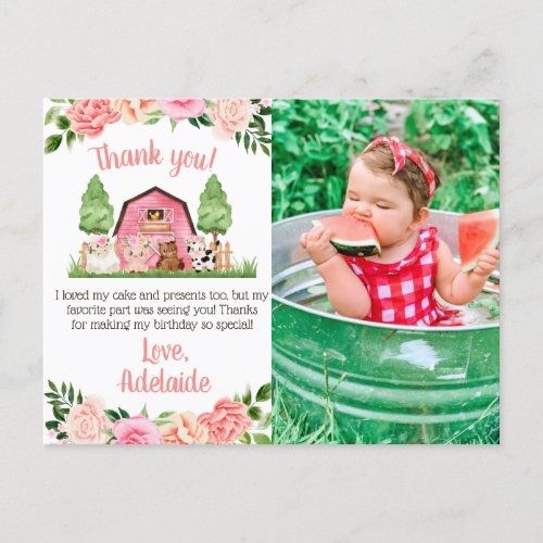 Pink Farm Photo 1st Birthday Thank You Postcard