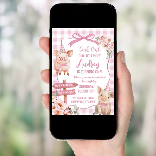 Pink Farm Piggy Girl Birthday Invitation (Front Digital)