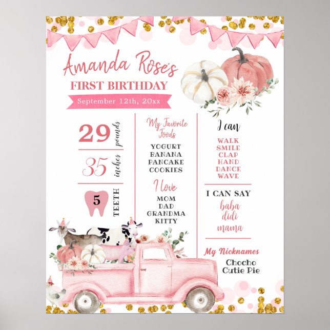 Pink Farm Pumpkin Truck First Birthday Sign (Front)
