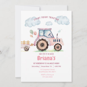 Pink Farm Tractor Girl Any Age Birthday Invitation