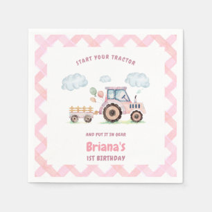 Pink Farm Tractor Girl Any Age Birthday Napkins