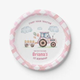 Pink Farm Tractor Girl Any Age Birthday Paper Plates
