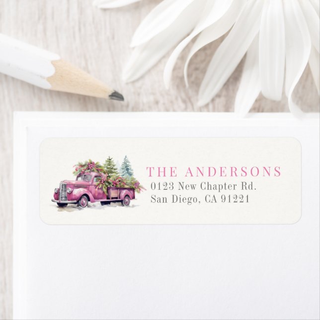 Pink Farm Truck Christmas Tree Holiday Address Label (Insitu)