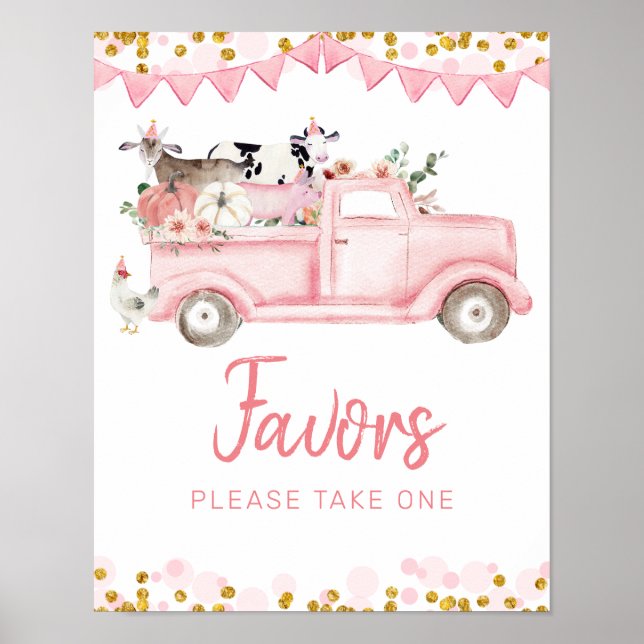 Pink Farm Truck Pumpkin Drive By Birthday Favors Poster (Front)
