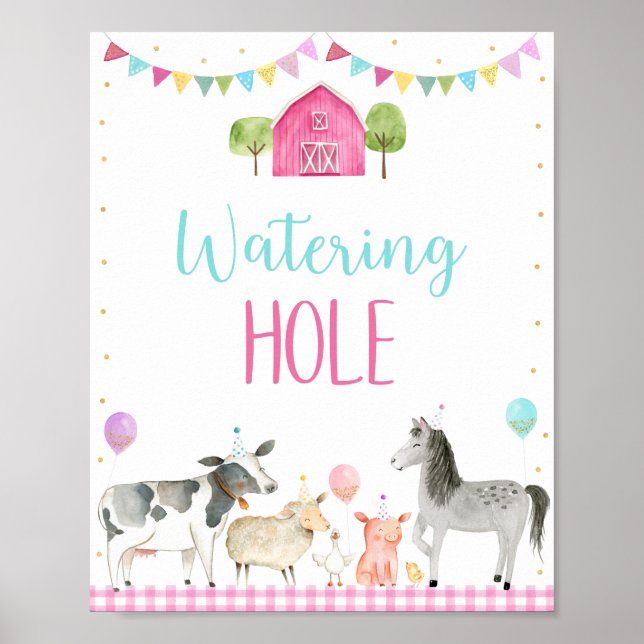 Pink Farm Watering Hole Birthday Sign (Front)
