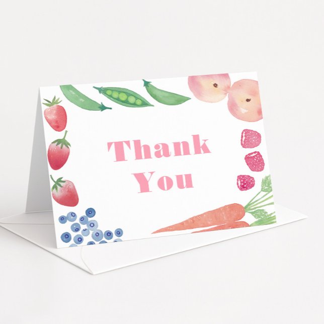Pink Farmers Market Baby Girl Shower Thank You Card (Colorful Farmers Market thank you card design with pink text for baby girl shower thank you card)