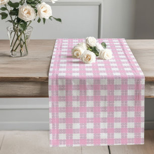 Pink Farmhouse Table Runner Soft Plaid Detailing