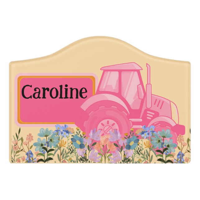 Pink Farming Tractor Kids Bedroom Door Sign (Small Crest Front)
