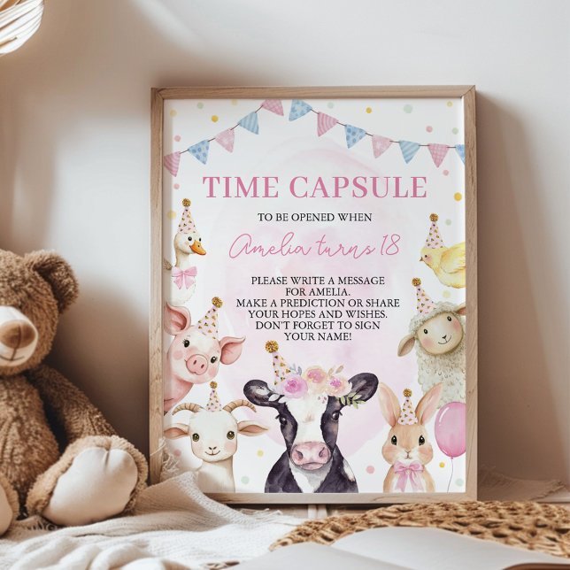 Pink Farmyard Birthday Party Time Capsule Sign (Creator Uploaded)