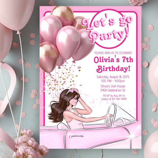Pink Fashion Doll Car Birthday Party Invitation (Girl pink fashion doll in car birthday party invitation. Simply add your event details.)