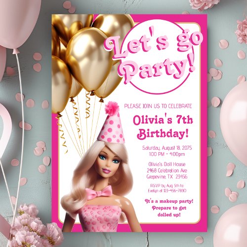 Pink Fashion Doll Party Hat Birthday Party Invitation