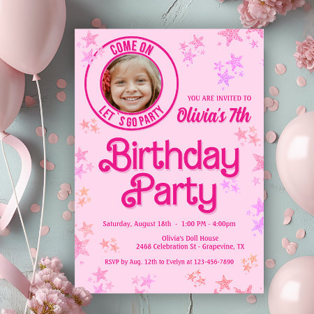 Pink Fashion Doll Photo Birthday Party Invitation