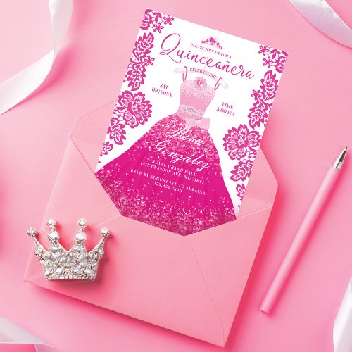 Pink Fashion Dream Princess Gown Quinceanera Party Invitation