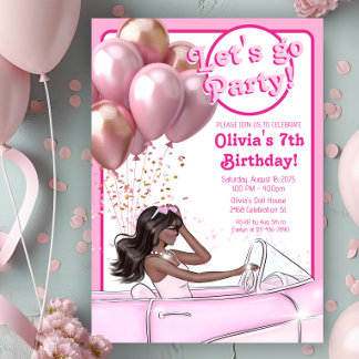 Pink Fashion Melanin Doll Car Birthday Party Invitation