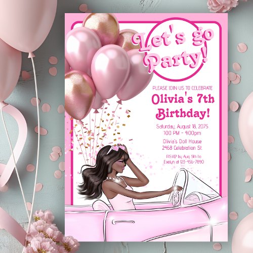 Pink Fashion Melanin Doll Car Birthday Party Invitation