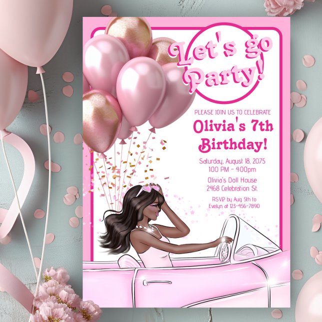 Pink Fashion Melanin Doll Car Birthday Party Invitation (Cute pink doll in car any number birthday party invitation. Simply add your event details.)
