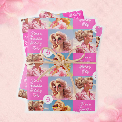 Pink Fashion Personalize Girl's Name Birthday Wrapping Paper Sheets