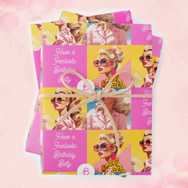 Pink Fashion Personalize Text Girl's Birthday Wrapping Paper Sheets (Creator Uploaded)