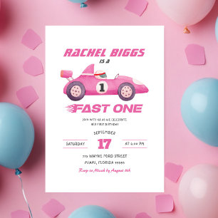 Pink Fast One Retro Racing Car Girl First Birthday Invitation