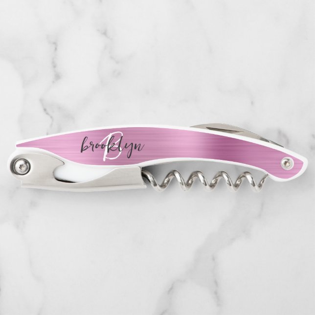Pink Faux Brushed Metal Monogram Script Waiter's Corkscrew (Front)