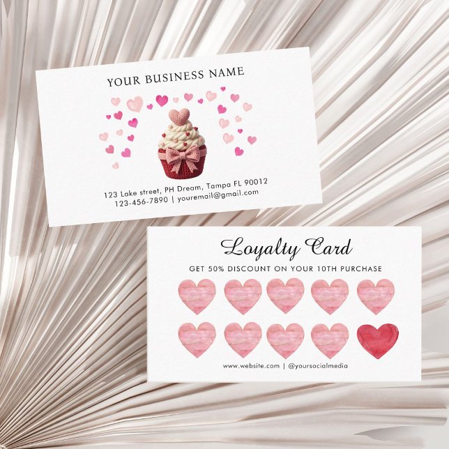Pink Faux Crochet Heart Cupcake Bakery  Loyalty Card (Pink and red Faux crochet valentine cupcakes bakery loyalty card)