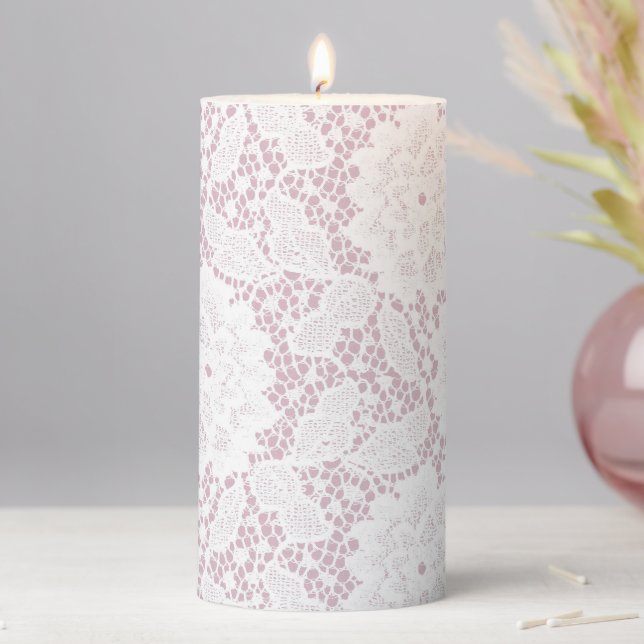 Pink Faux Floral Lace Flowers & Leaves Pillar Candle (In Situ)