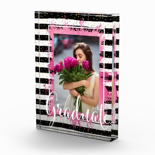 Pink Faux Foil on Black White Stripes Graduate Photo Block (Right)