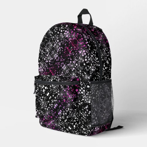 Pink Faux Glass Glitter Sparkle on Black Printed Backpack