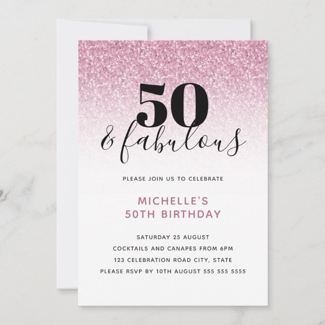 Pink Faux Glitter 50 & Fabulous 50th Birthday   Invitation (Front)