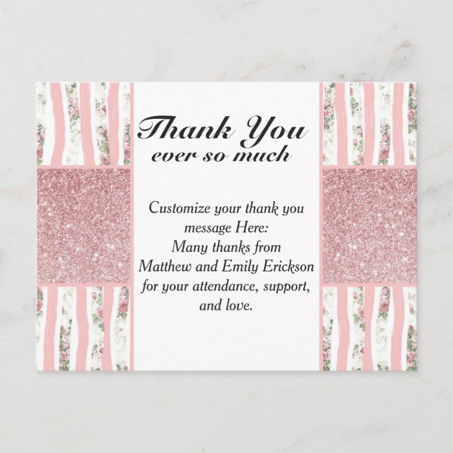 Pink Faux Glitter and Floral Brush Stroke Stripes Postcard (Front)