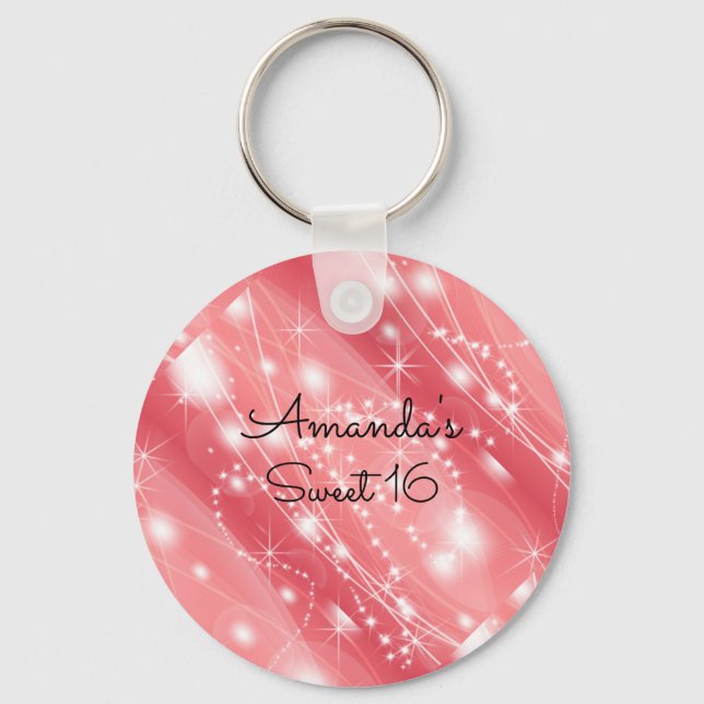 Pink. Faux Glitter and Sparkle, Sweet Sixteen Keychain (Front)