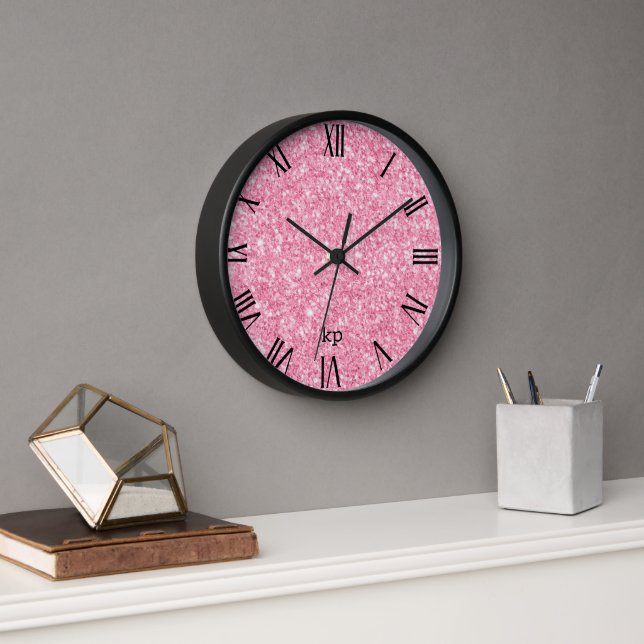 Pink Faux Glitter Black Roman Numerals Clock (Office)