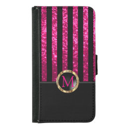 Pink Faux Glitter &amp; Black Stripe Pattern Samsung Galaxy S5 Wallet Case
