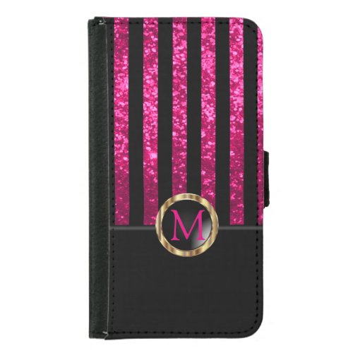Pink Faux Glitter  Black Stripe Pattern Samsung Galaxy S5 Wallet Case