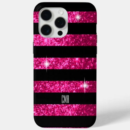 Pink Faux Glitter  Black Stripes  DIY Monogram iPhone 15 Pro Max Case