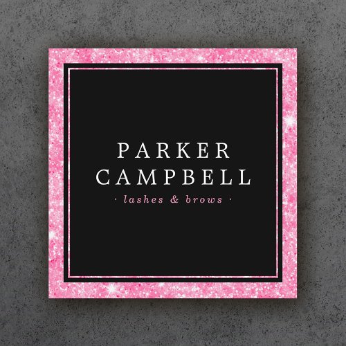 Pink faux glitter border black elegant fashion square business card