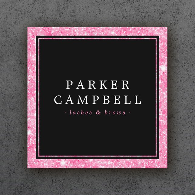 Pink faux glitter border black elegant fashion square business card (Creator Uploaded)