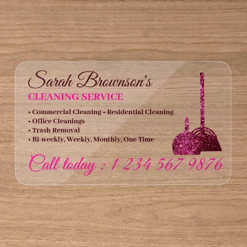 Pink Faux Glitter Broom Elegant House Cleaning Clear Business Cards